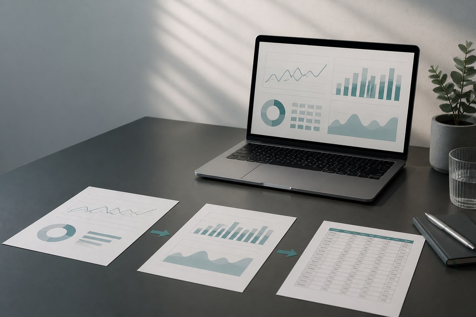 Advertising charts, a laptop, and a structured reporting sheet on a worktable
